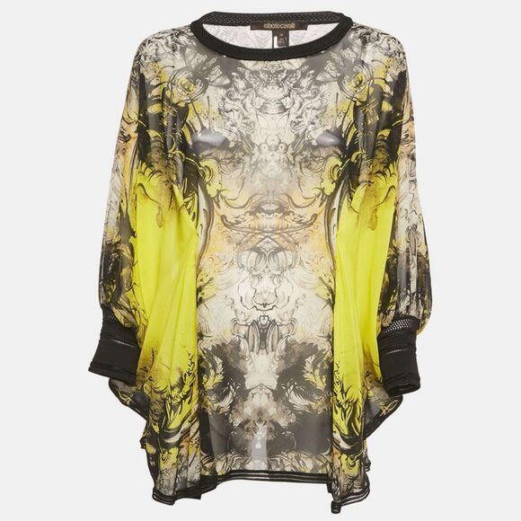Roberto Cavalli Yellow /black Printed Silk Tunic Top S